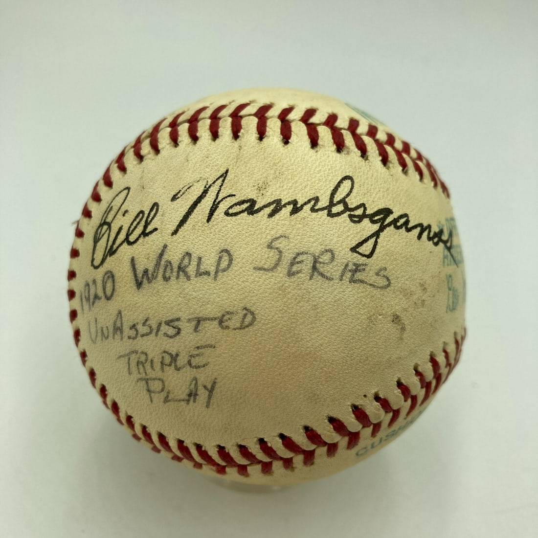 Bill Wambsganss Signed Baseball World Series Unassisted Triple Play JSA COA: Bill Wambsganss Signed Baseball World Series Unassisted Triple Play JSA COA This is a rare Bill Wambsganss single signed baseball commemorating his remarkable unassisted triple play during the World S