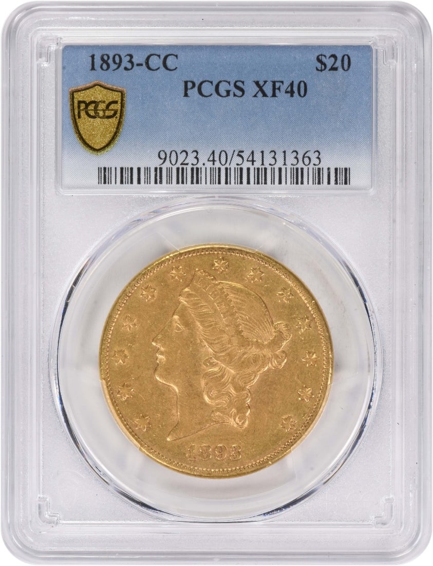 1893 Carson City $20 Liberty Gold Coin EF40 Graded by PCGS: 1893 Carson City $20 Liberty Gold Coin EF40 Graded by PCGS This 1893-CC $20 Gold Liberty Head coin is graded EF40 by PCGS. Minted in Carson City, it features a composition of 90% gold and 10% copper,