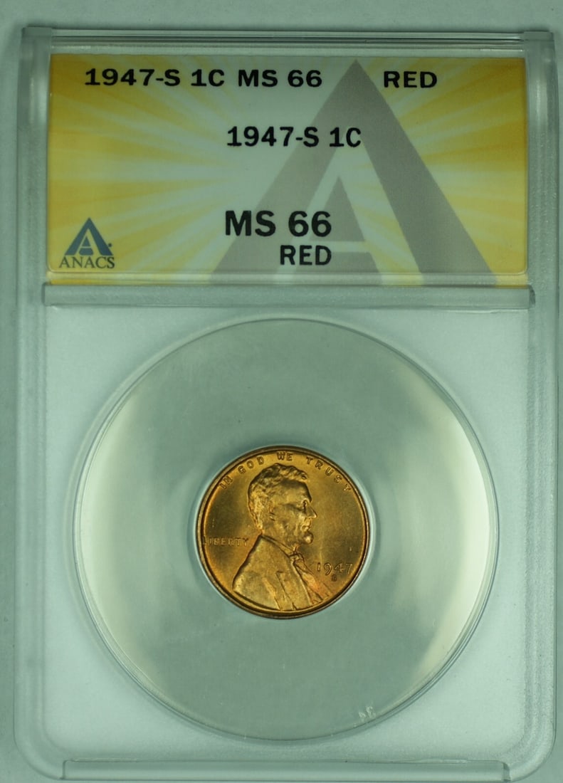 1947-S Lincoln Wheat Cent Red ANACS MS66 Graded Small Cent: 1947-S Lincoln Wheat Cent Red ANACS MS66 Graded Small Cent This is a 1947-S Lincoln Wheat Cent 1C coin from the United States, certified by ANACS with a grade of MS 66 RD. The coin is uncirculated and