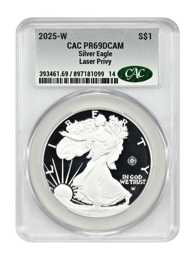 2025 Silver Eagle Dollar CACG PR69DCAM Laser Privy Mark Uncirculated Coin: 2025 Silver Eagle Dollar CACG PR69DCAM Laser Privy Mark Uncirculated Coin This 2025-W $1 Silver Eagle is a modern bullion coin from the US Mint, featuring a laser-engraved privy mark on the right obve