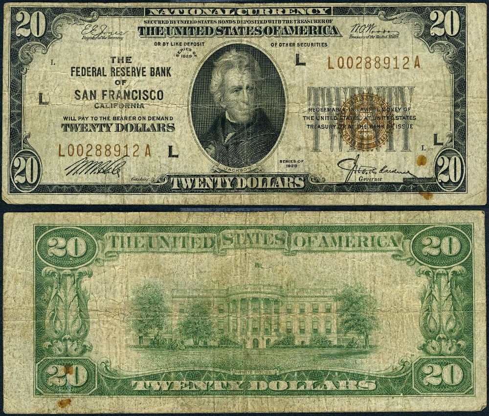 1929 $20 Federal Reserve Bank San Francisco L-A Block Circulated Fine Note (1 of 3)