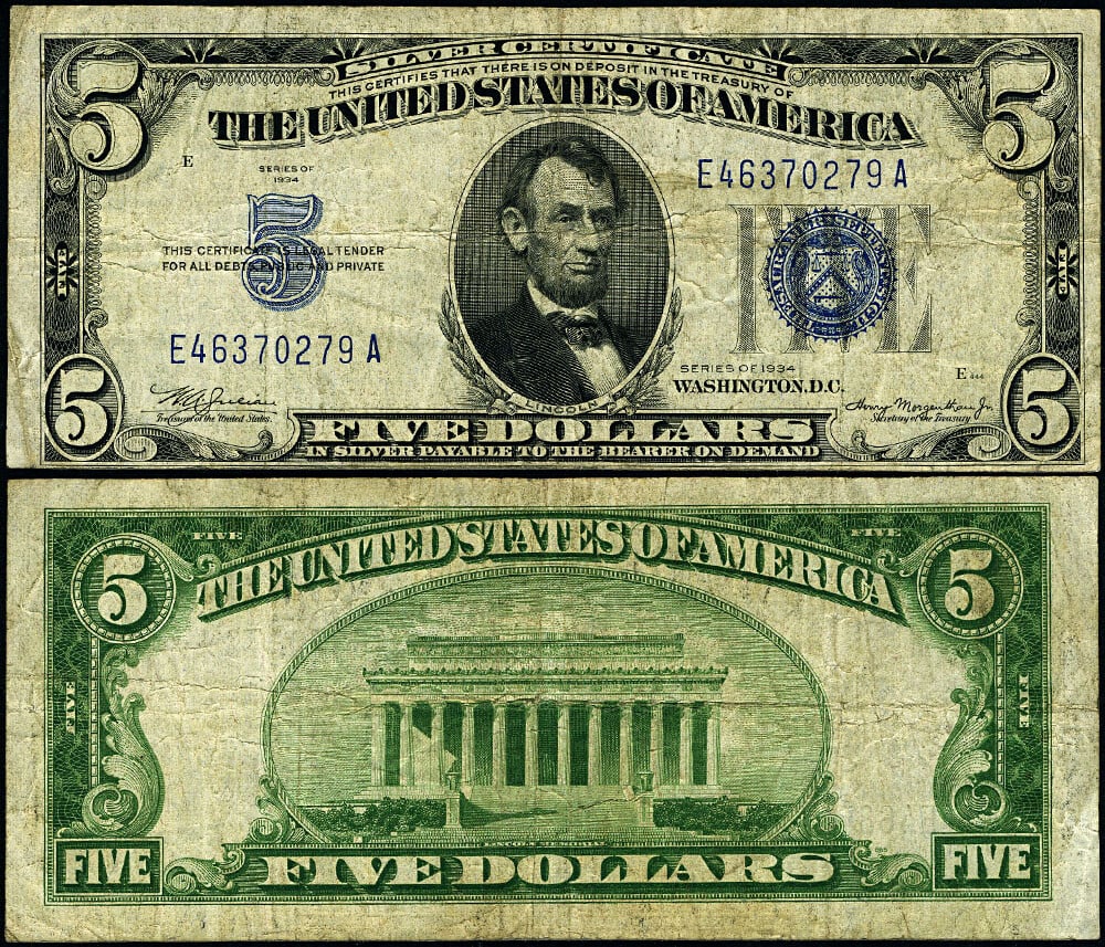 1934 $5 Silver Certificate FR 1650 Non-Mule E-A Block (1 of 3)