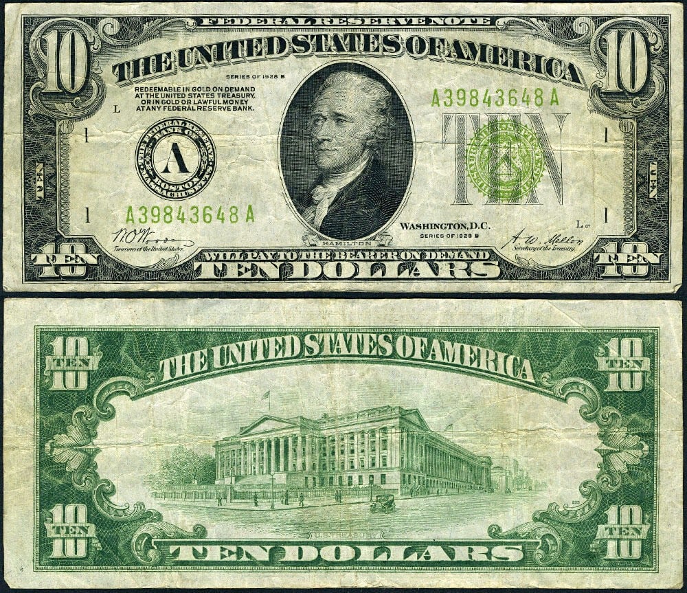 $10 1928-B Federal Reserve Note Boston A-A Block Circulated VF (1 of 3)