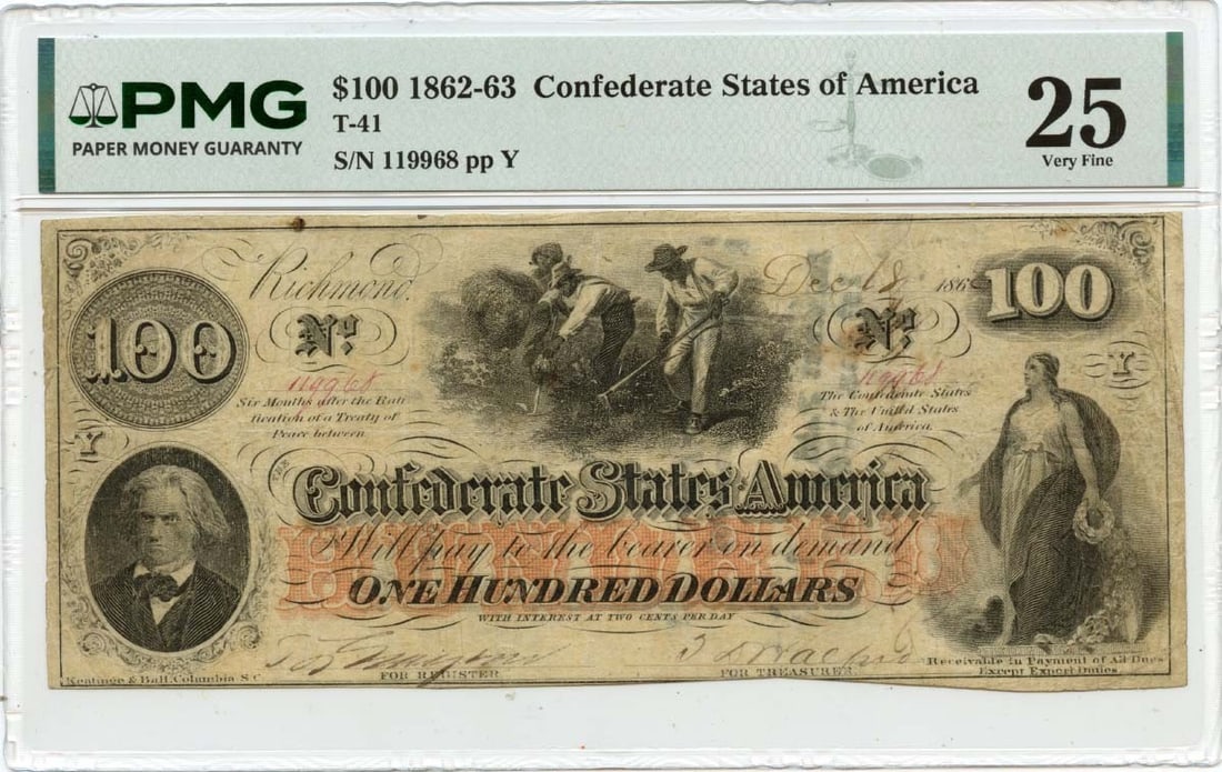 T-41 $100 Confederate Note 1862 PMG VF25 Certified (1 of 2)