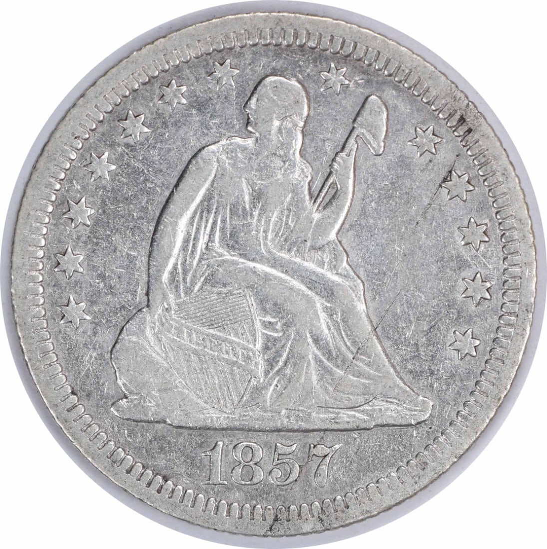 1857 Liberty Seated Quarter 25C VF Circulated Philadelphia Mint: 1857 Liberty Seated Quarter 25C VF Circulated Philadelphia Mint This 1857 Liberty Seated Quarter is a classic piece of American numismatic history. Graded as Very Fine (VF), this coin features the stu