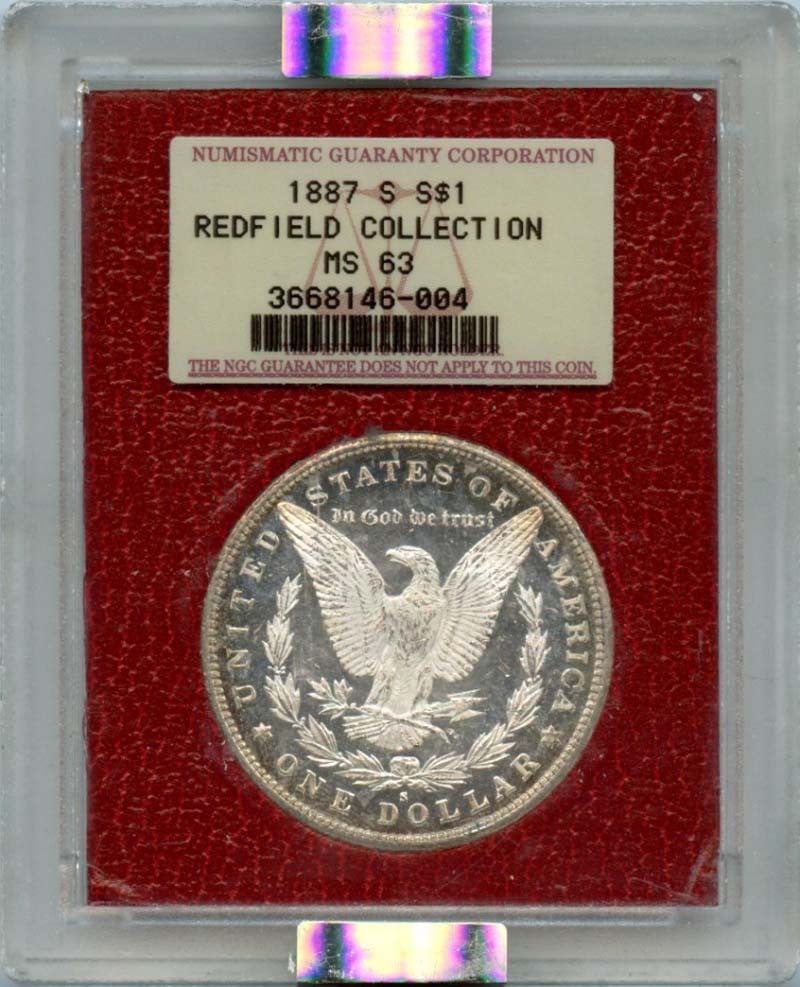 San Francisco Mint 1887 Morgan Silver Dollar NGC Graded MS63 Redfield: San Francisco Mint 1887 Morgan Silver Dollar NGC Graded MS63 Redfield This is an 1887-S Morgan Silver Dollar minted in San Francisco, certified by NGC and graded MS63. The coin is uncirculated and fea