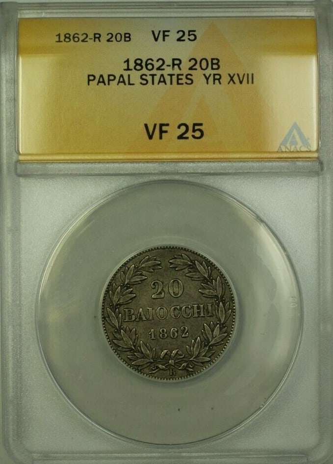 ANACS Certified VF 25 Papal States 20 Baiocchi Coin 1862-R Year XVII: ANACS Certified VF 25 Papal States 20 Baiocchi Coin 1862-R Year XVII This is an 1862-R Papal States Year XVII 20 Baiocchi coin certified by ANACS with a grade of VF 25. The coin is from the Papal Stat