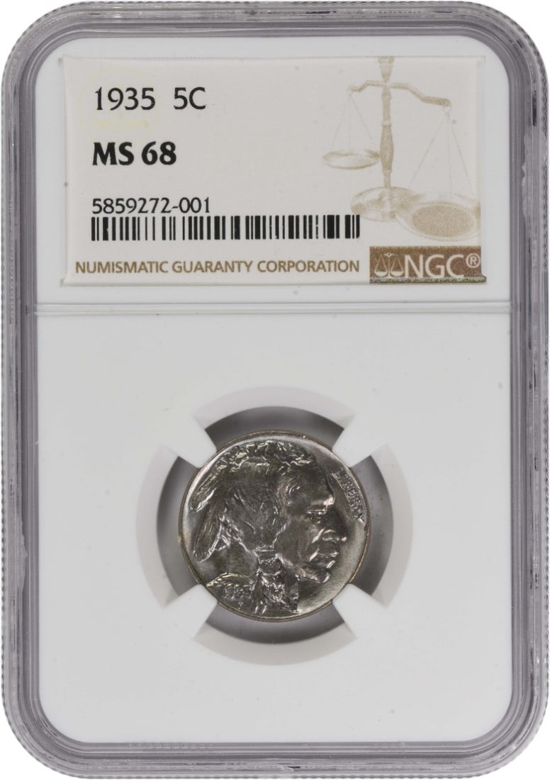 1935 Buffalo 5C Nickel MS68 Graded by NGC: 1935 Buffalo 5C Nickel MS68 Graded by NGC This 1935 Buffalo Nickel is graded MS68 by NGC and remains in uncirculated condition. Minted in Philadelphia, it features a composition of 75% copper and 25%