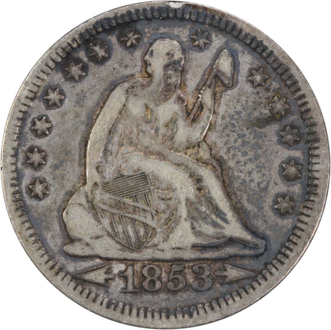 1853 Liberty Seated Silver Quarter VF Uncertified 25C Arrows and Rays: 1853 Liberty Seated Silver Quarter VF Uncertified 25C Arrows and Rays This 1853 Liberty Seated Silver Quarter features the iconic design by Robert Ball Hughes and Christian Gobrecht. It is a circulate
