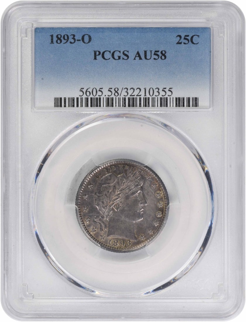 PCGS AU58 1893-O 25C Barber Quarter Uncirculated Silver Coin: PCGS AU58 1893-O 25C Barber Quarter Uncirculated Silver Coin This 1893-O Barber Quarter is graded AU58 by PCGS and features a composition of 90% silver and 10% copper. Struck at the New Orleans Mint,