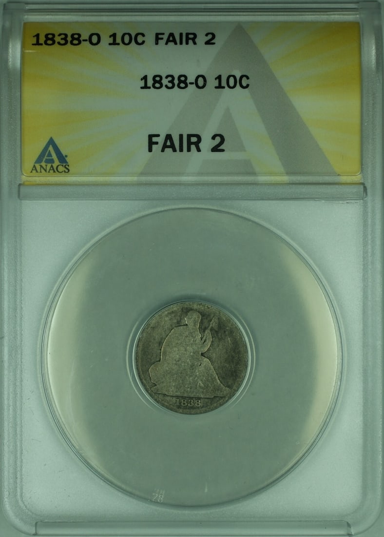 ANACS FA 2 1838-O No Stars Seated Liberty 10C Silver Dime: ANACS FA 2 1838-O No Stars Seated Liberty 10C Silver Dime This 1838-O Seated Liberty Dime features the "No Stars" variety and was minted in New Orleans. Certified by ANACS with a FAIR 2 grade, this ci