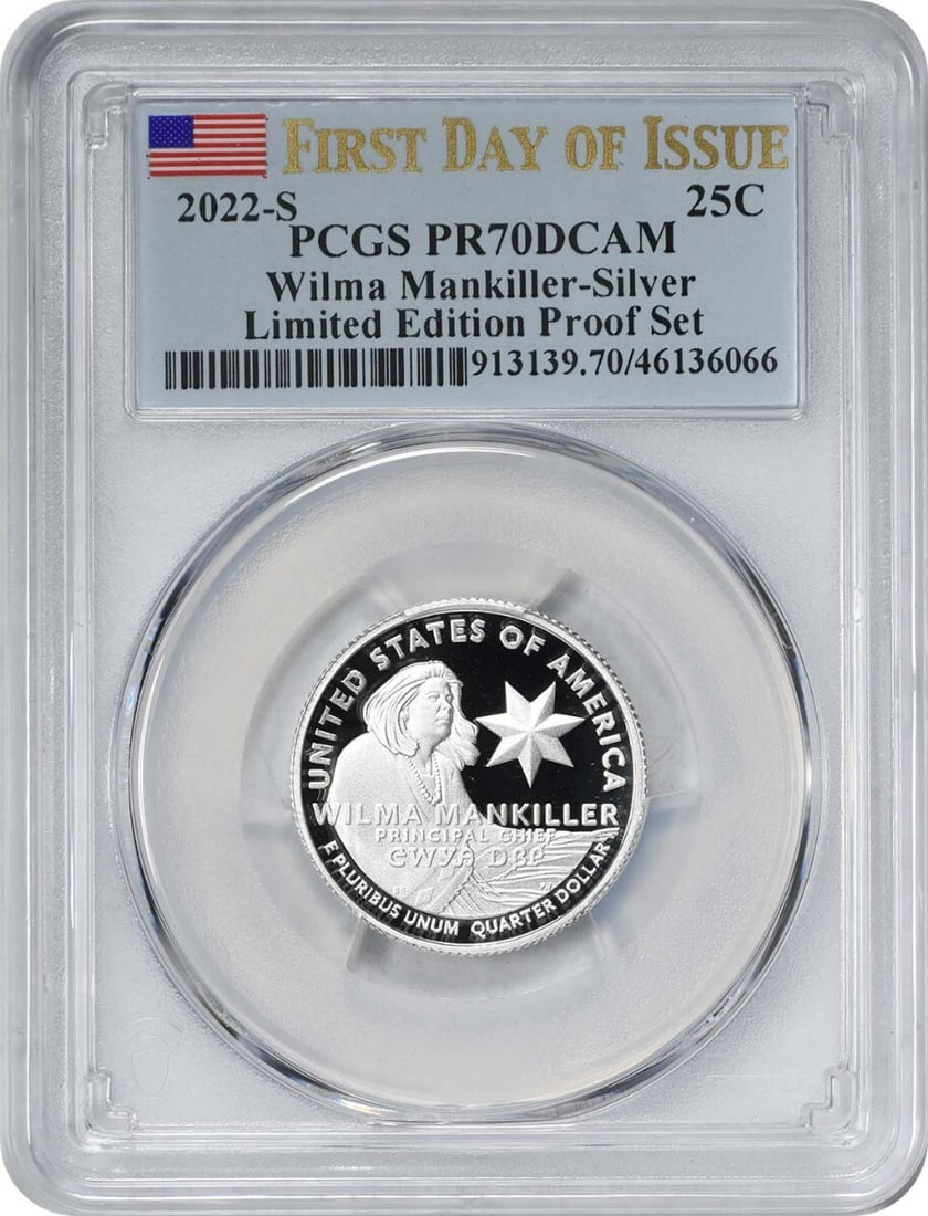 2022-S Wilma Mankiller Silver Quarter PR70DCAM PCGS Proof: 2022-S Wilma Mankiller Silver Quarter PR70DCAM PCGS Proof This 2022-S Wilma Mankiller Women Washington Silver Quarter is a remarkable piece, certified by PCGS with a PR70DCAM grade, indicating its pri