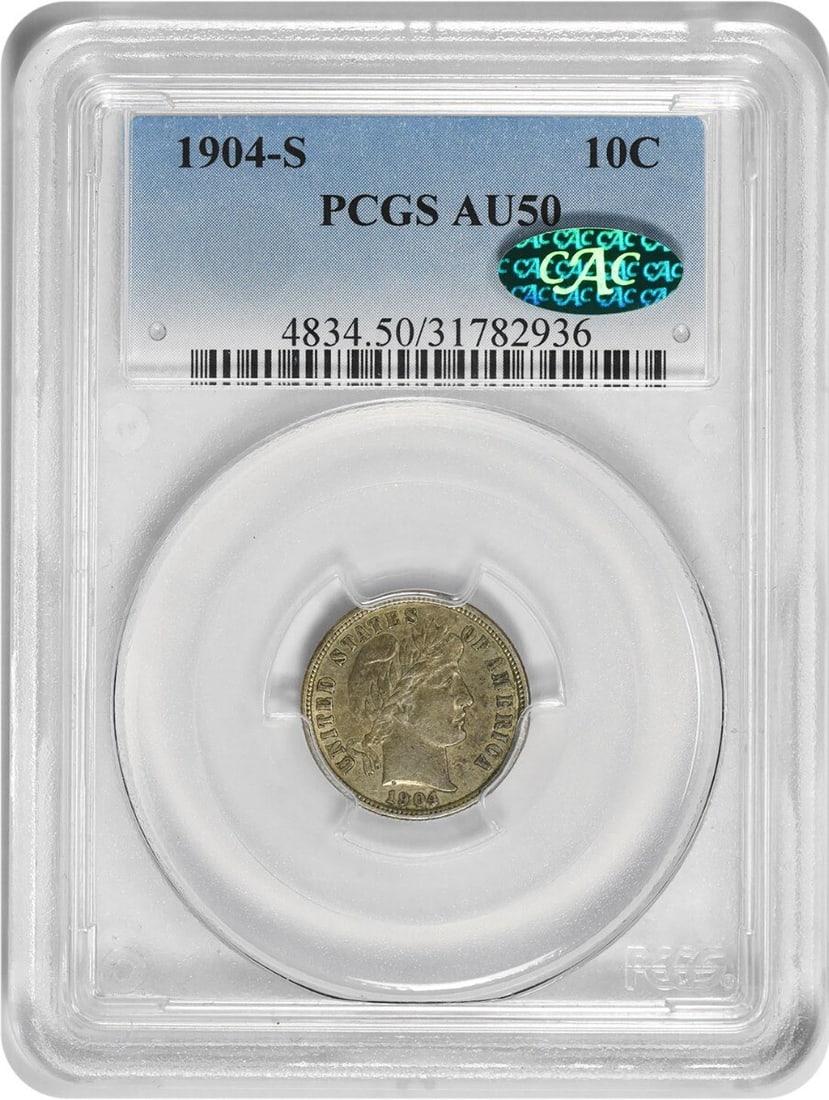1904-S Barber Silver Dime AU50 PCGS Certified Coin: 1904-S Barber Silver Dime AU50 PCGS Certified Coin This 1904-S Barber Silver Dime is graded AU50 by PCGS, showcasing its quality and historical significance. The coin features the iconic Barber design