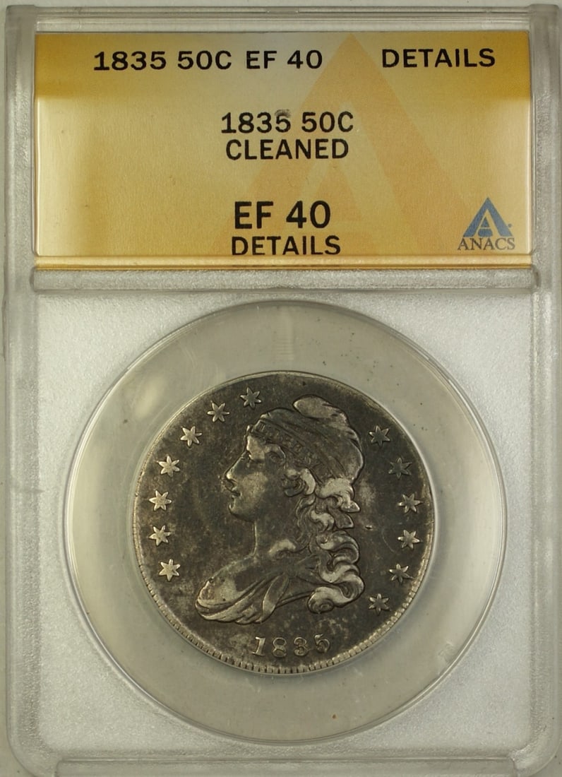 ANACS EF-40 Details 1835 Capped Bust Silver Half Dollar Cleaned 50C Coin: ANACS EF-40 Details 1835 Capped Bust Silver Half Dollar Cleaned 50C Coin This 1835 Capped Bust Half Dollar is a silver coin from the United States, minted in Philadelphia. Certified by ANACS with a gr