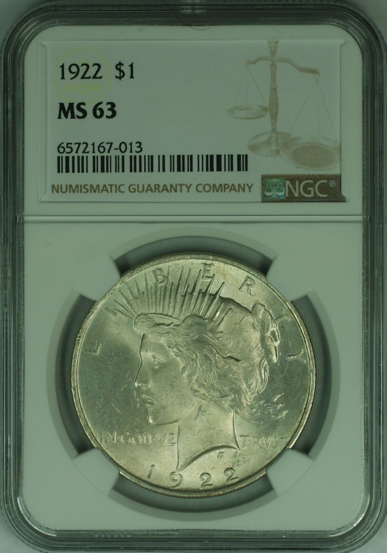 NGC MS 63 1922 Peace Dollar Silver Coin Philadelphia Mint: NGC MS 63 1922 Peace Dollar Silver Coin Philadelphia Mint This 1922 Peace Silver Dollar is certified by NGC with a grade of MS-63, indicating an uncirculated condition. Minted in Philadelphia, this co