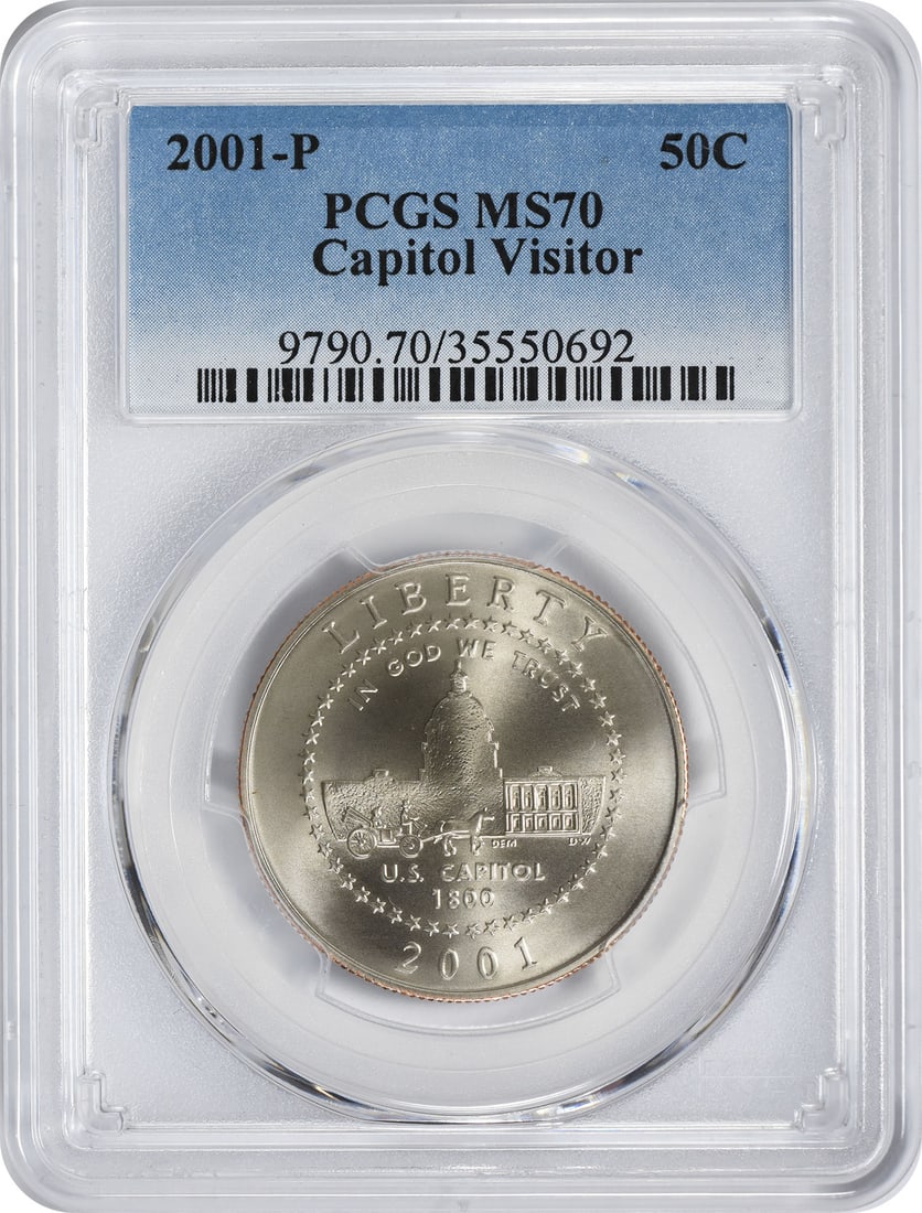 2001-P Capitol Visitor Commemorative Half Dollar MS70 PCGS Uncirculated Coin: 2001-P Capitol Visitor Commemorative Half Dollar MS70 PCGS Uncirculated Coin Celebrate a piece of history with the 2001-P Capitol Visitor Commemorative Half Dollar, certified in Mint State 70 (MS70) b