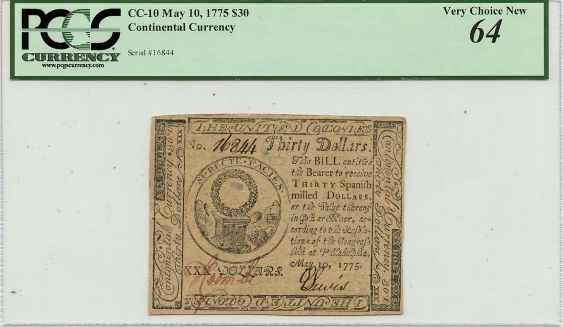 1775 May 10 $30 Continental Currency CC-10 PCGS MS64 (1 of 2)