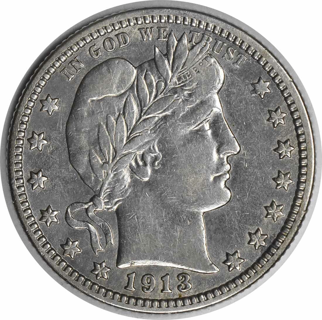 1913 Barber Silver Quarter AU Uncertified 25C 90% Silver: 1913 Barber Silver Quarter AU Uncertified 25C 90% Silver This 1913 Barber Silver Quarter is a remarkable piece of American numismatics, showcasing the artistry of designer Charles E. Barber. Struck in