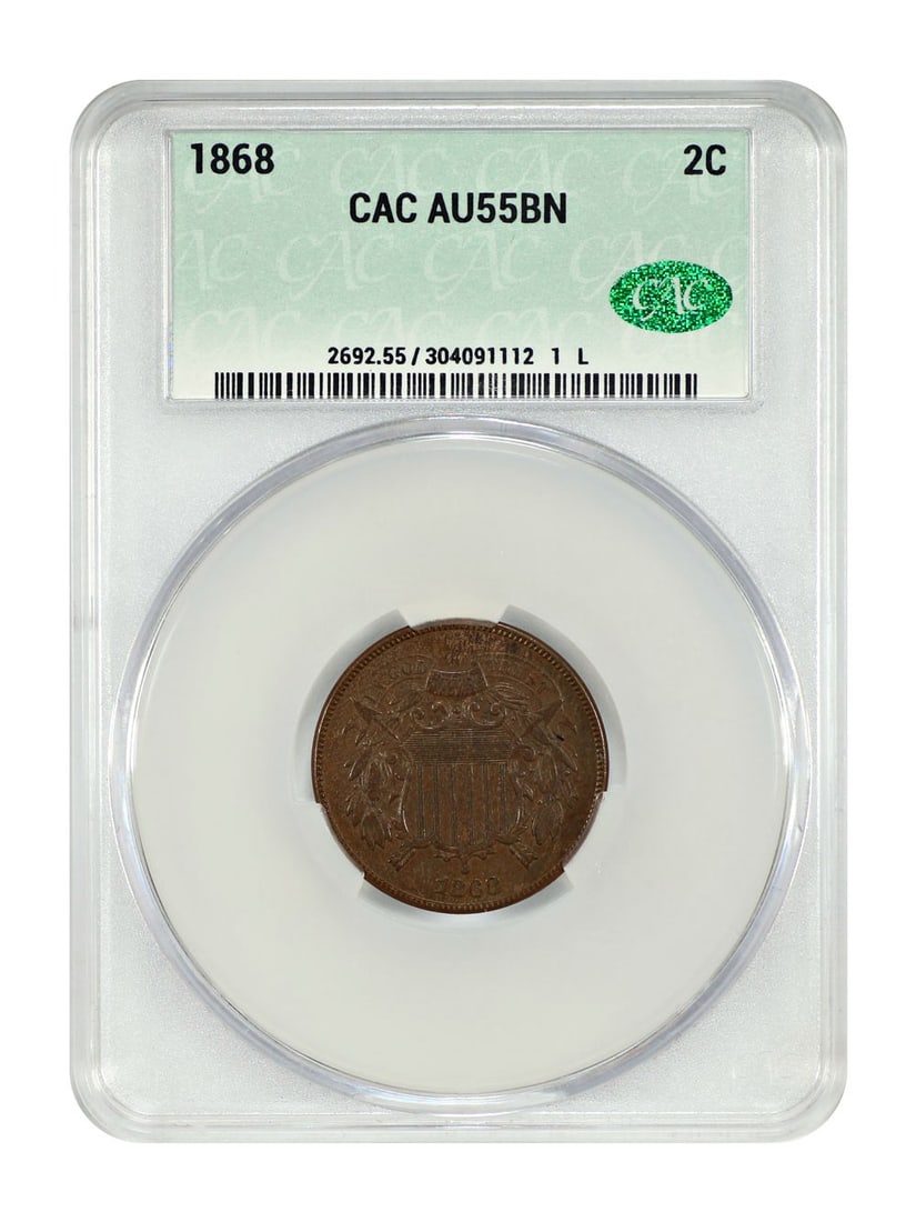 1868 CACG AU55 Two Cent Coin Philadelphia Mint (1 of 4)