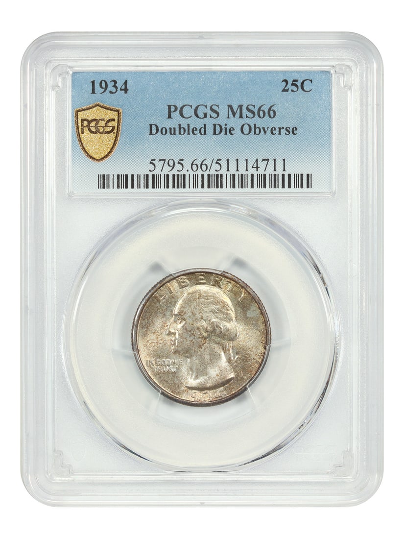 PCGS MS66 1934 Washington Quarter Doubled Die Obverse Key Variety: PCGS MS66 1934 Washington Quarter Doubled Die Obverse Key Variety This 1934 Washington Quarter features the scarce Doubled Die Obverse variety, certified by PCGS with a grade of MS66. It is an uncircu