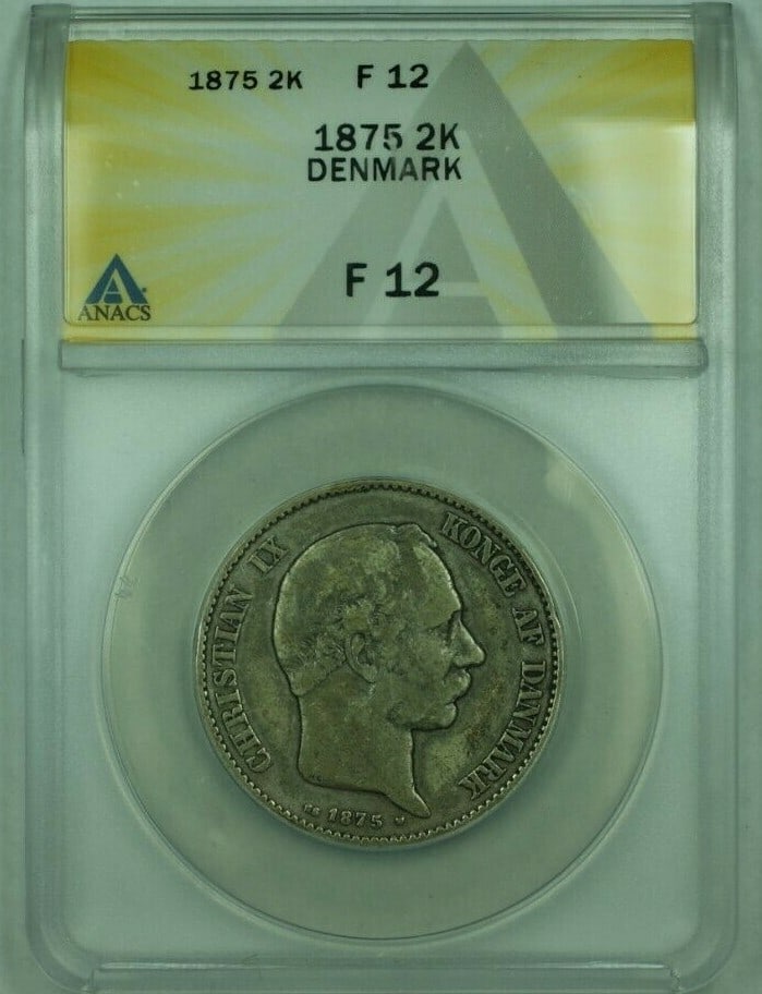 Denmark 1875 2 Kroner Silver Coin ANACS Certified F-12: Denmark 1875 2 Kroner Silver Coin ANACS Certified F-12 This 1875 Denmark 2 Kroner coin is composed of silver and has been graded F-12 by ANACS. The coin is circulated and offers appealing eye appeal,