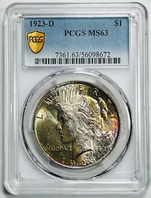 PCGS MS63 1923 Denver Peace Silver Dollar Coin: PCGS MS63 1923 Denver Peace Silver Dollar Coin This 1923 D Peace Dollar is certified by PCGS with a grade of MS 63, indicating its uncirculated condition and attractive appearance. Minted in Denver, t