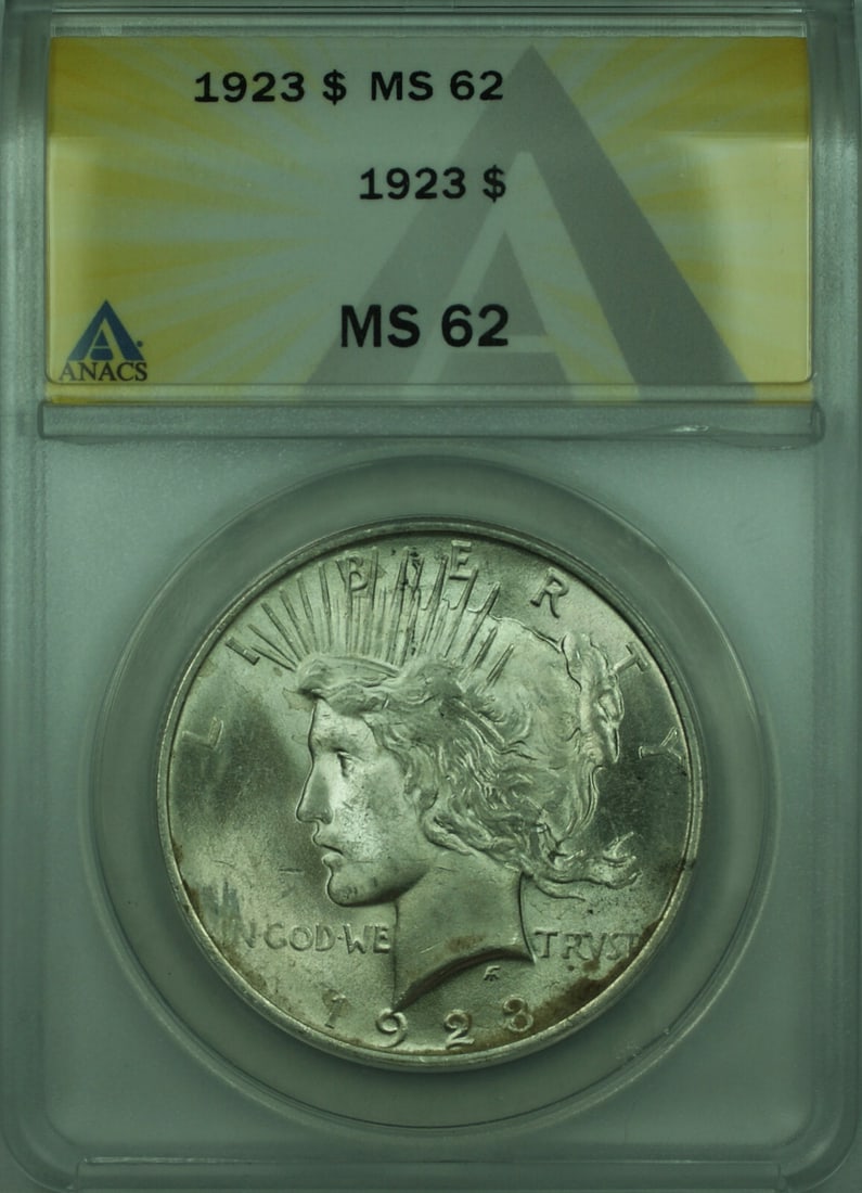 1923 Peace Dollar Silver Coin ANACS Certified MS-62 $1 Philadelphia (1 of 2)