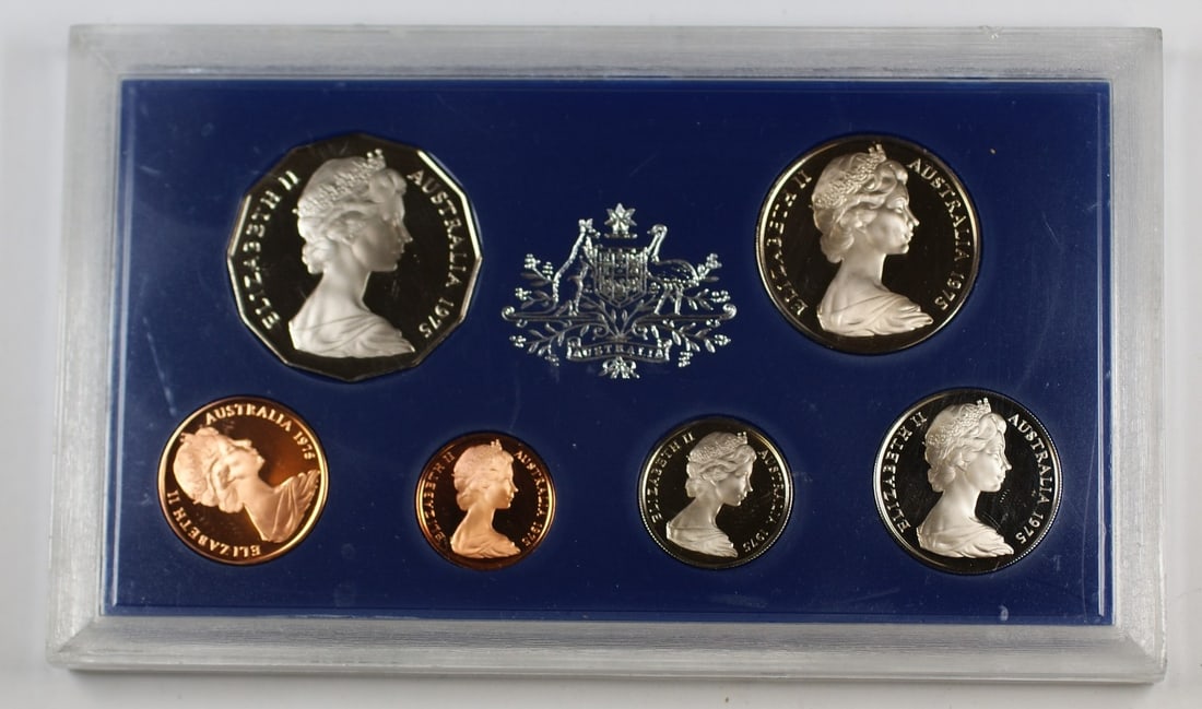 Six-Coin 1975 Australia Proof Set in Original Case with Minor Case Wear: Six-Coin 1975 Australia Proof Set in Original Case with Minor Case Wear This 1975 Australian Proof Set includes six gem coins presented in the original mint case. The coins are uncirculated and remain