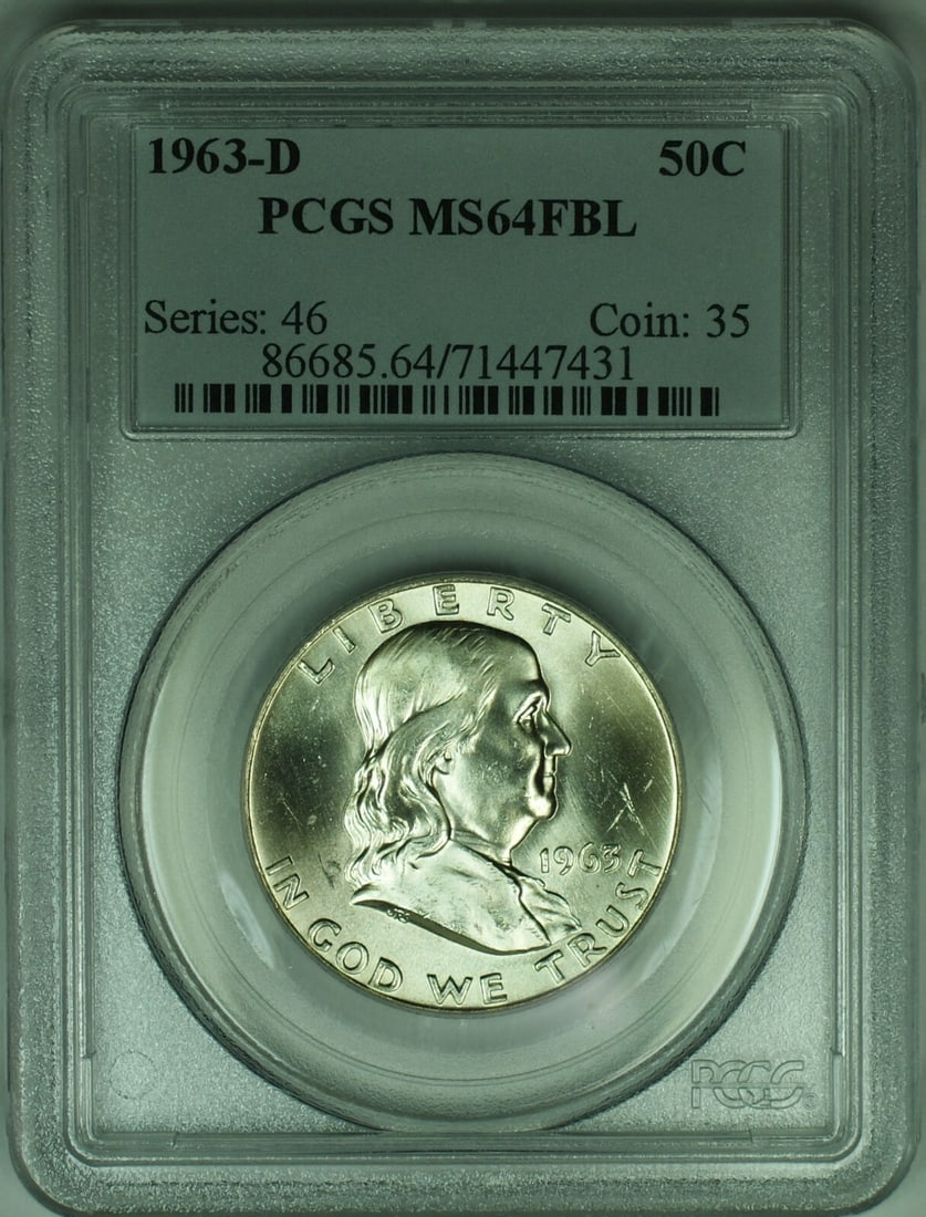 PCGS MS64 FBL 1963-D Franklin Silver Half Dollar Uncirculated: PCGS MS64 FBL 1963-D Franklin Silver Half Dollar Uncirculated This is a 1963-D Franklin Half Dollar with a denomination of 50 cents, certified by PCGS as MS 64 with Full Bell Lines (FBL) designation.