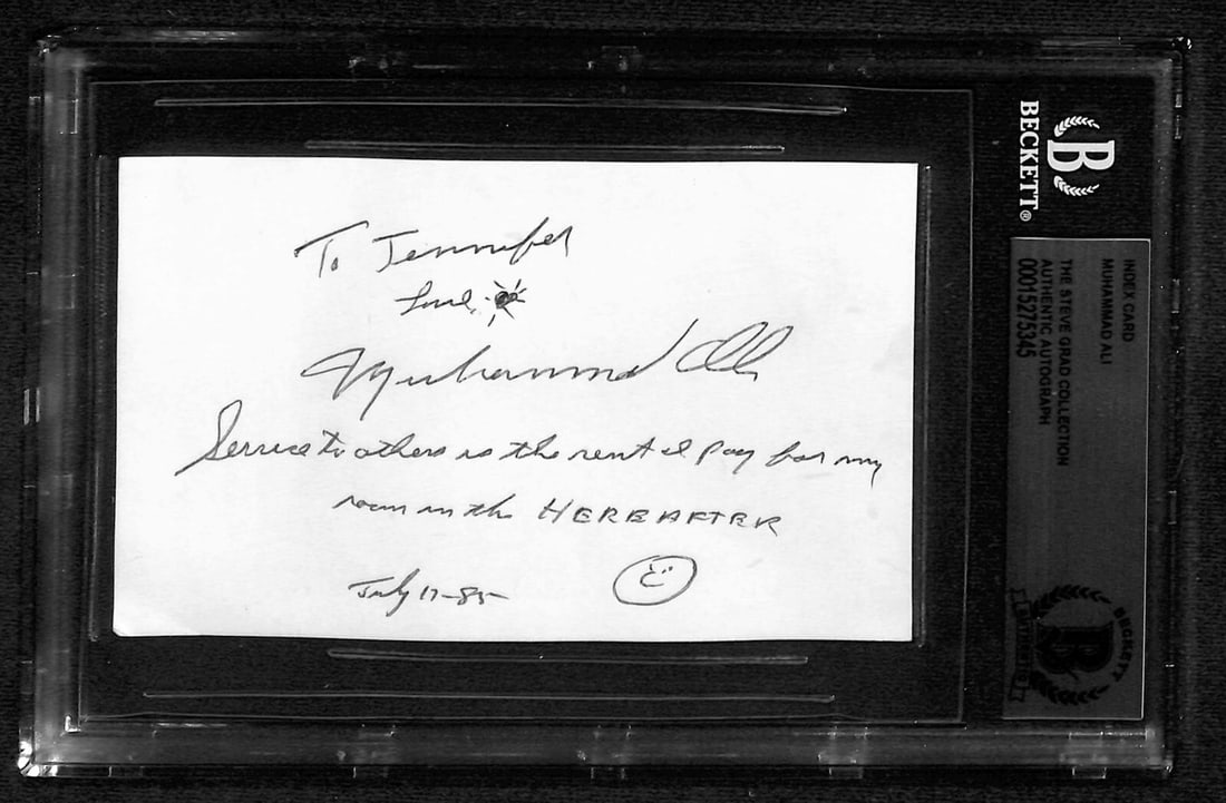 Muhammad Ali Signed 3x5 Index Card with Inscription Beckett Authenticated: Muhammad Ali Signed 3x5 Index Card with Inscription Beckett Authenticated This is an original autographed 3x5 index card signed by the legendary Boxing Hall of Fame member Muhammad Ali. The signature,