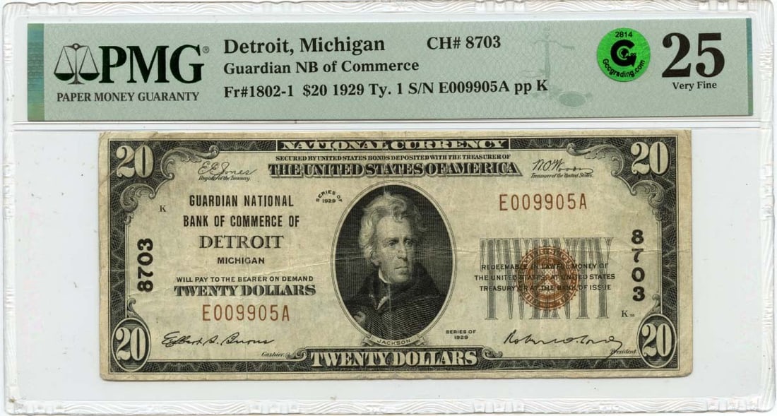 1929 $20 Guardian National Bank Detroit MI PMG VF25 Cert#2196655081: 1929 $20 Guardian National Bank Detroit MI PMG VF25 Cert#2196655081 This 1929 $20 Guardian National Bank note from Detroit, Michigan, features a denomination of 1802-1. Graded as VF25 by PMG, this pre
