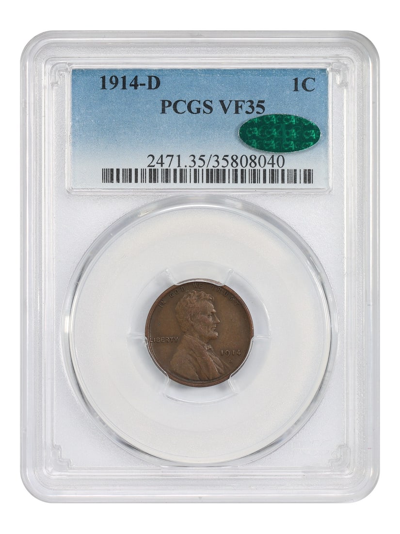1914-D Lincoln Wheat Cent PCGS CAC VF35 Key Date Bronze Penny: 1914-D Lincoln Wheat Cent PCGS CAC VF35 Key Date Bronze Penny This 1914-D Lincoln Cent (Wheat Reverse) is a key date coin certified by PCGS and CAC with a grade of VF35. Struck in Denver, this circula