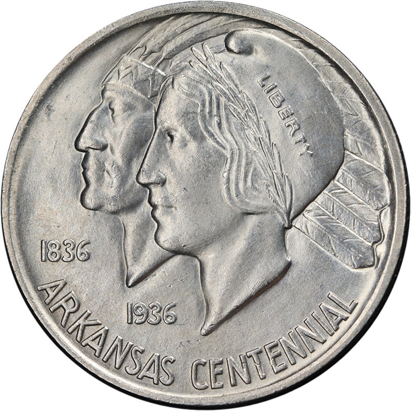 1938 Philadelphia Arkansas Silver Commemorative Half Dollar Brilliant Uncirculated: 1938 Philadelphia Arkansas Silver Commemorative Half Dollar Brilliant Uncirculated This original 1938-P Arkansas Commemorative Half Dollar is an uncirculated silver coin with bright luster, attractive