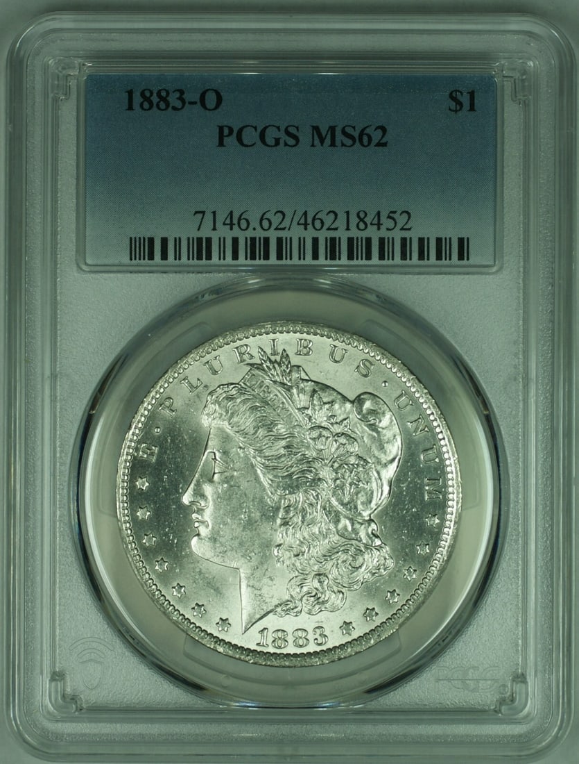 PCGS MS-62 1883-O Morgan Silver Dollar New Orleans Mint Certified: PCGS MS-62 1883-O Morgan Silver Dollar New Orleans Mint Certified This is an 1883-O Morgan Silver Dollar graded MS-62 by PCGS. Struck at the New Orleans Mint, this uncirculated coin is composed of 90%