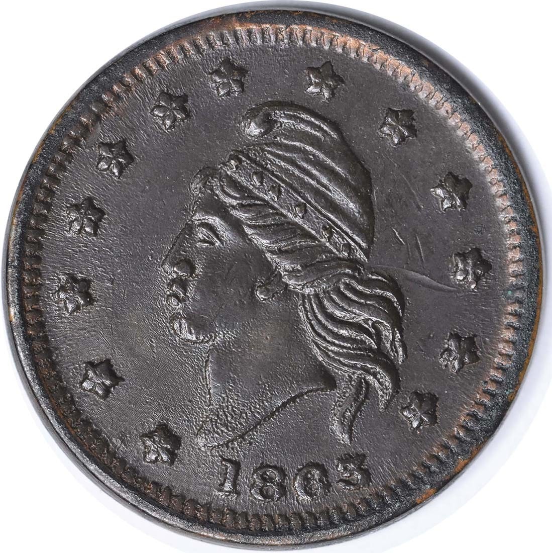 1863 Civil War Token French Liberty Patriotic 6/268 AU Uncertified: 1863 Civil War Token French Liberty Patriotic 6/268 AU Uncertified This 1863 Civil War Token showcases a patriotic design featuring French Liberty. It is categorized as AU (About Uncirculated) but is