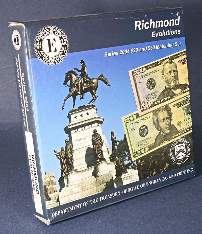 Set of 2 Uncirculated 2004 Richmond $20 and $50 Notes Serial EE00002133A: Set of 2 Uncirculated 2004 Richmond $20 and $50 Notes Serial EE00002133A This set features a Series 2004 $20 and $50 Matching Evolutions Set from Richmond, both bearing the serial number EE00002133A.