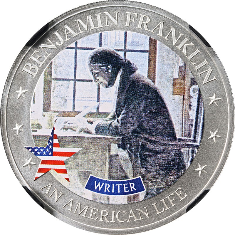 NGC MS70 2022 Cook Islands $2 Silver Life of Franklin Writer Coin 1/2oz: NGC MS70 2022 Cook Islands $2 Silver Life of Franklin Writer Coin 1/2oz This 2022 Cook Island $2 coin commemorates Benjamin Franklin as a writer and is struck from 1/2 oz of 0.999 fine silver. Certifi