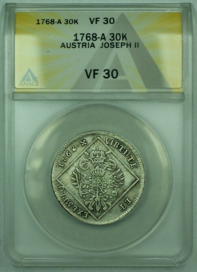 1768 Austria 30 Kreuzer Silver Joseph II Coin ANACS Certified VF 30: 1768 Austria 30 Kreuzer Silver Joseph II Coin ANACS Certified VF 30 This is a 1768-A Austria Joseph II 30 Kreuzer silver coin, certified by ANACS with a VF-30 grade. The coin is circulated and compose
