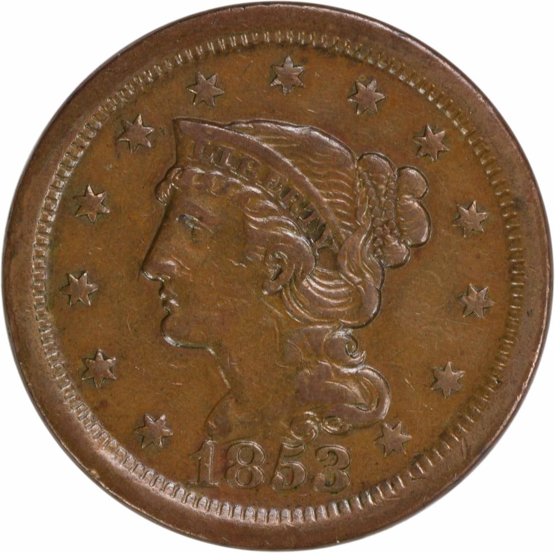1853 Braided Hair Large Cent Copper EF Uncertified Philadelphia: 1853 Braided Hair Large Cent Copper EF Uncertified Philadelphia This 1853 Large Cent showcases a striking design featuring the Braided Hair motif, created by designer Christian Gobrecht. This coin, mi