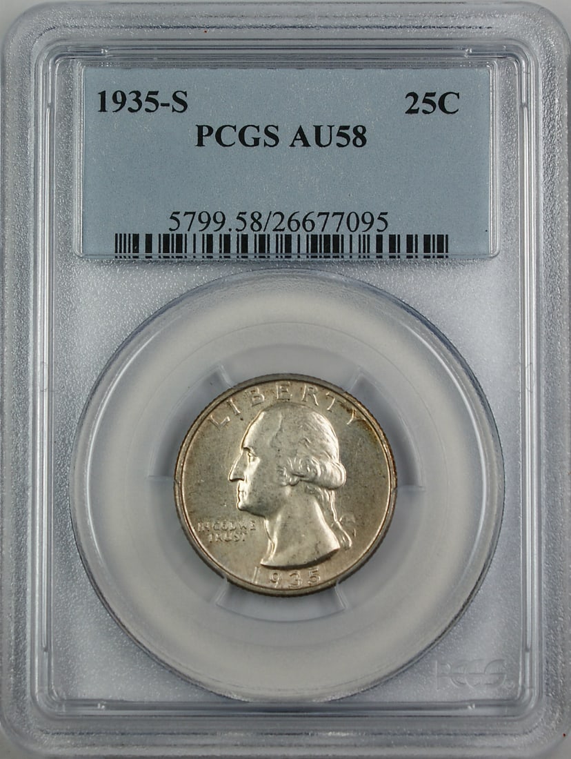 San Francisco 1935-S Silver Quarter PCGS Certified AU-58: San Francisco 1935-S Silver Quarter PCGS Certified AU-58 This 1935-S Silver Washington Quarter is certified by PCGS with an AU-58 grade, indicating a high-quality circulated coin. Minted in San Franci