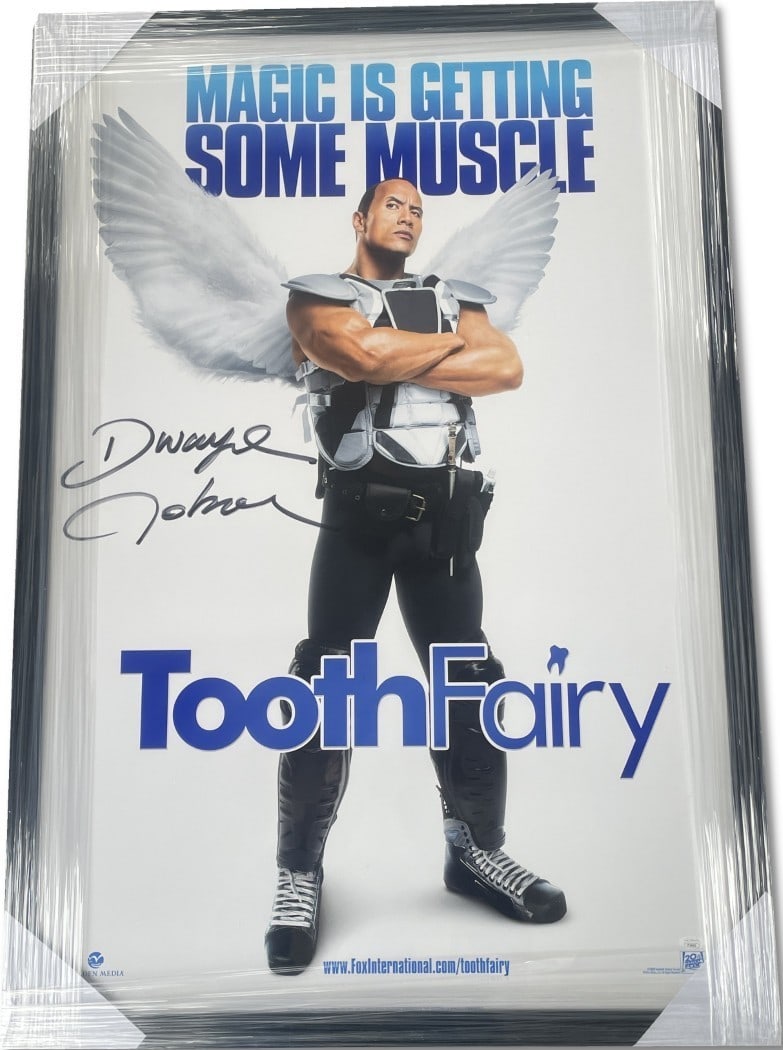 Dwyane Johnson Tooth Fairy Autographed Poster Framed JSA Certified 29x42: Dwyane Johnson Tooth Fairy Autographed Poster Framed JSA Certified 29x42 Add a touch of magic to your collection with this original autographed poster of Dwyane Johnson from the movie 'Tooth Fairy.' T