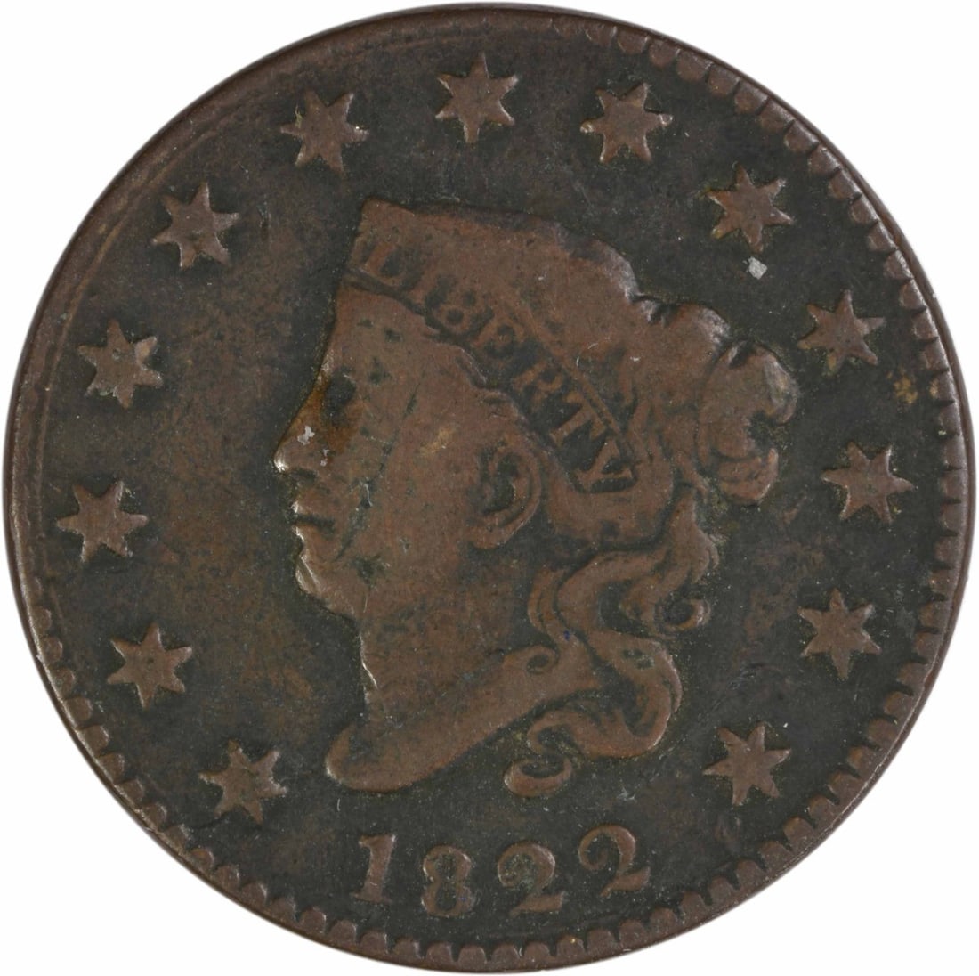 1822 Coronet Head Large Cent Copper Coin Philadelphia VG Grade Uncertified (1 of 2)