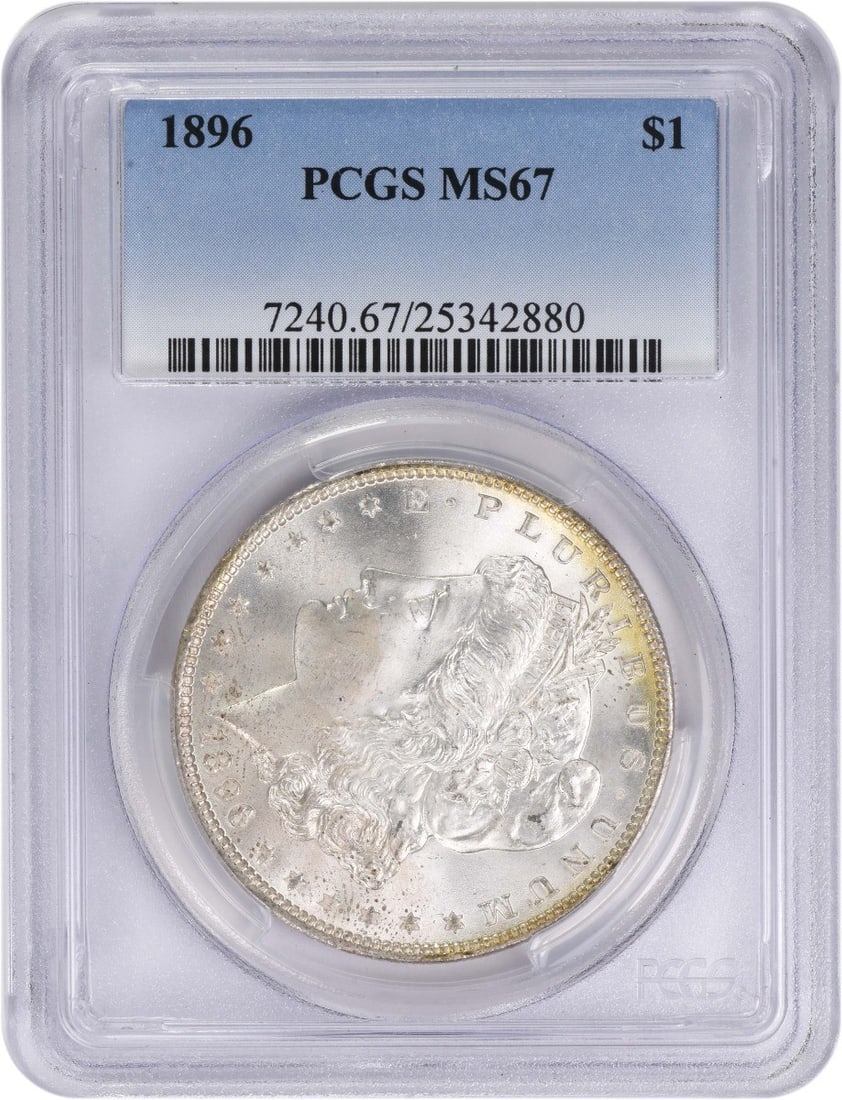 MS67 Graded 1896 Morgan Dollar Certified by PCGS: MS67 Graded 1896 Morgan Dollar Certified by PCGS This 1896 Morgan Silver Dollar is graded MS67 by PCGS and was struck at the Philadelphia Mint. Composed of 90% silver and 10% copper, this uncirculated