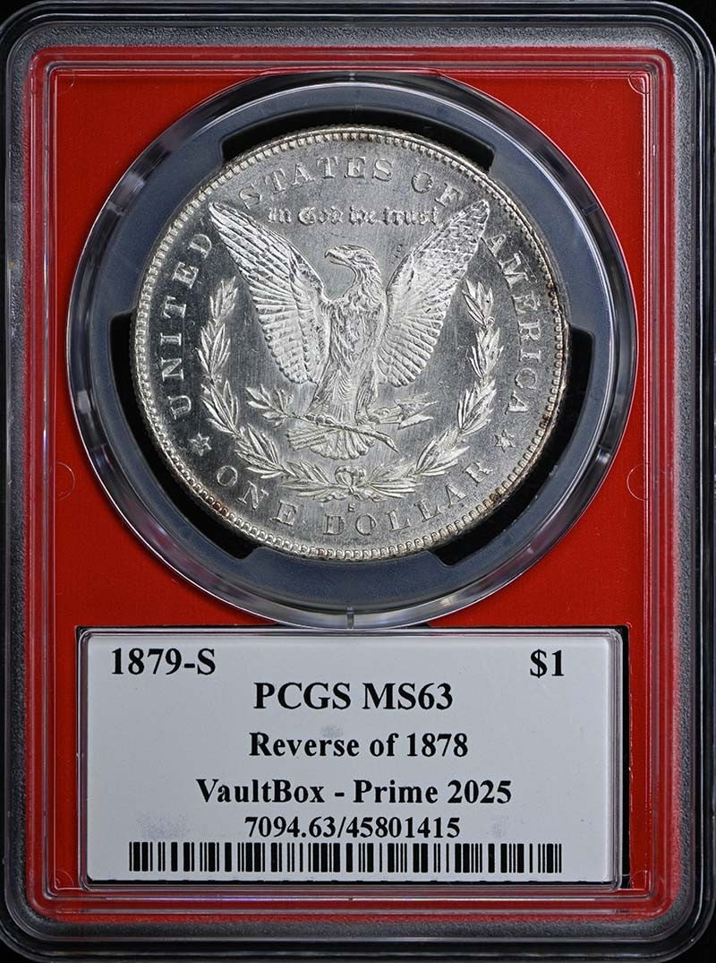 PCGS MS63 Morgan Silver Dollar 1879-S Reverse of 1878: PCGS MS63 Morgan Silver Dollar 1879-S Reverse of 1878 This is an 1879-S Morgan Dollar featuring the Reverse of 1878, certified by PCGS with a grade of MS63. The coin is uncirculated and was minted in