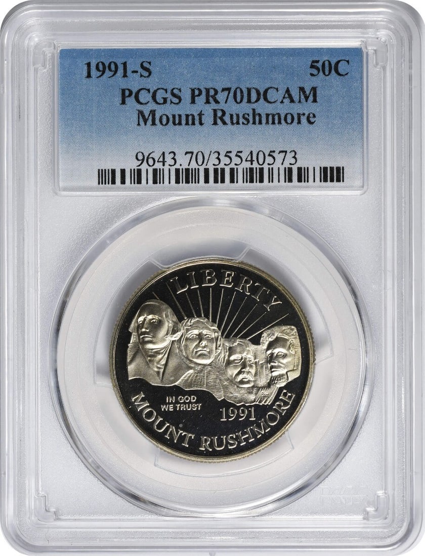 PR70DCAM PCGS 1991-S Mount Rushmore Proof Clad Half Dollar Commemorative Coin: PR70DCAM PCGS 1991-S Mount Rushmore Proof Clad Half Dollar Commemorative Coin This 1991-S Mount Rushmore Commemorative Half Dollar is a proof coin issued by the United States Mint. Certified by PCGS w