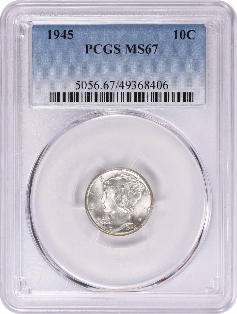 1945 Mercury Silver Dime MS67 PCGS Uncirculated: 1945 Mercury Silver Dime MS67 PCGS Uncirculated This 1945 Mercury Silver Dime, graded MS67 by PCGS, is a stunning example of numismatic artistry. With a composition of silver and a denomination of 10
