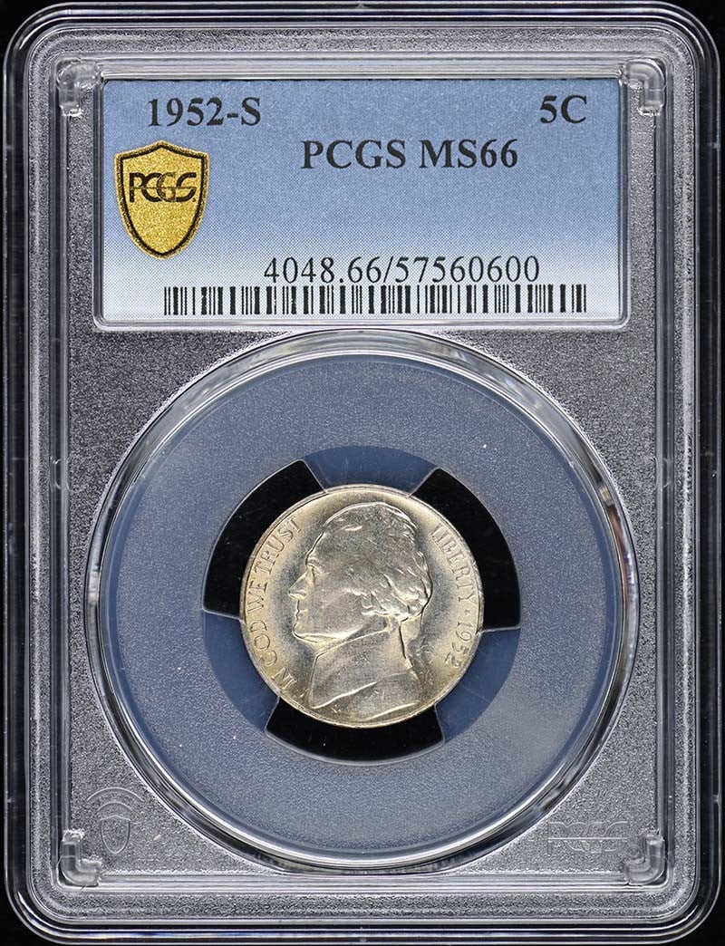 1952-S Jefferson Nickel PCGS MS66 Uncirculated Coin: 1952-S Jefferson Nickel PCGS MS66 Uncirculated Coin This 1952-S Jefferson Nickel is certified by PCGS and graded MS66, indicating its uncirculated condition. Minted in San Francisco, this coin feature
