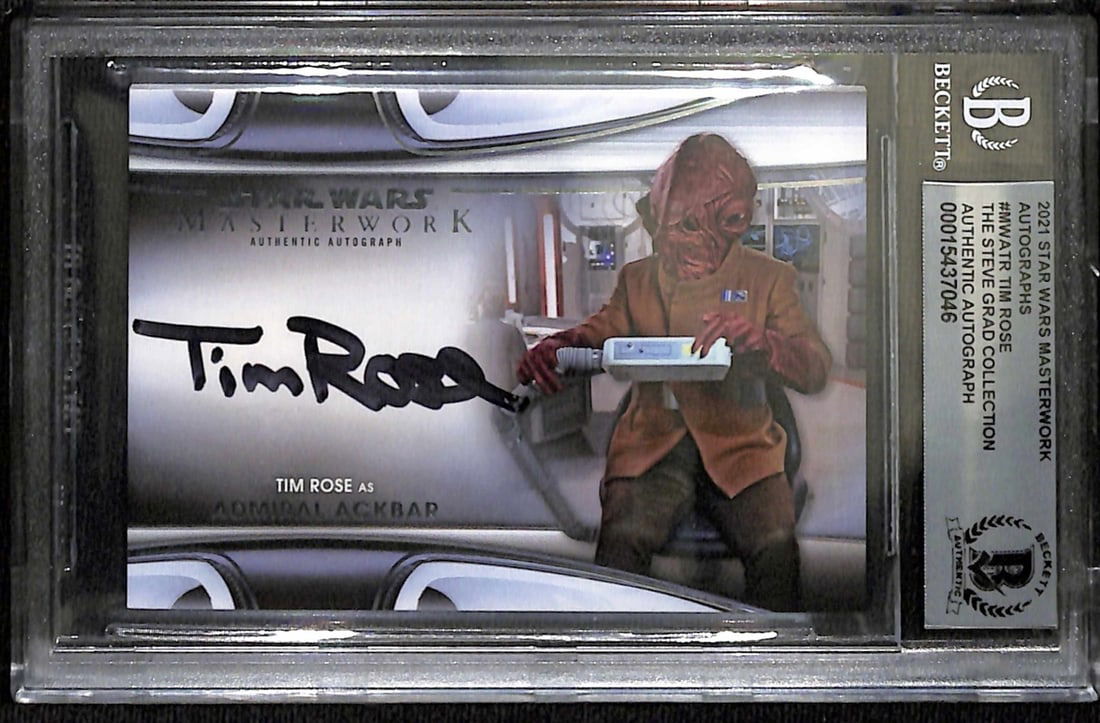 2021 Topps Star Wars Masterwork Tim Rose Signed Admiral Ackbar Beckett Authenticated: 2021 Topps Star Wars Masterwork Tim Rose Signed Admiral Ackbar Beckett Authenticated This offering features a 2021 Topps Star Wars Masterwork Autograph card signed by Tim Rose, the actor and puppeteer