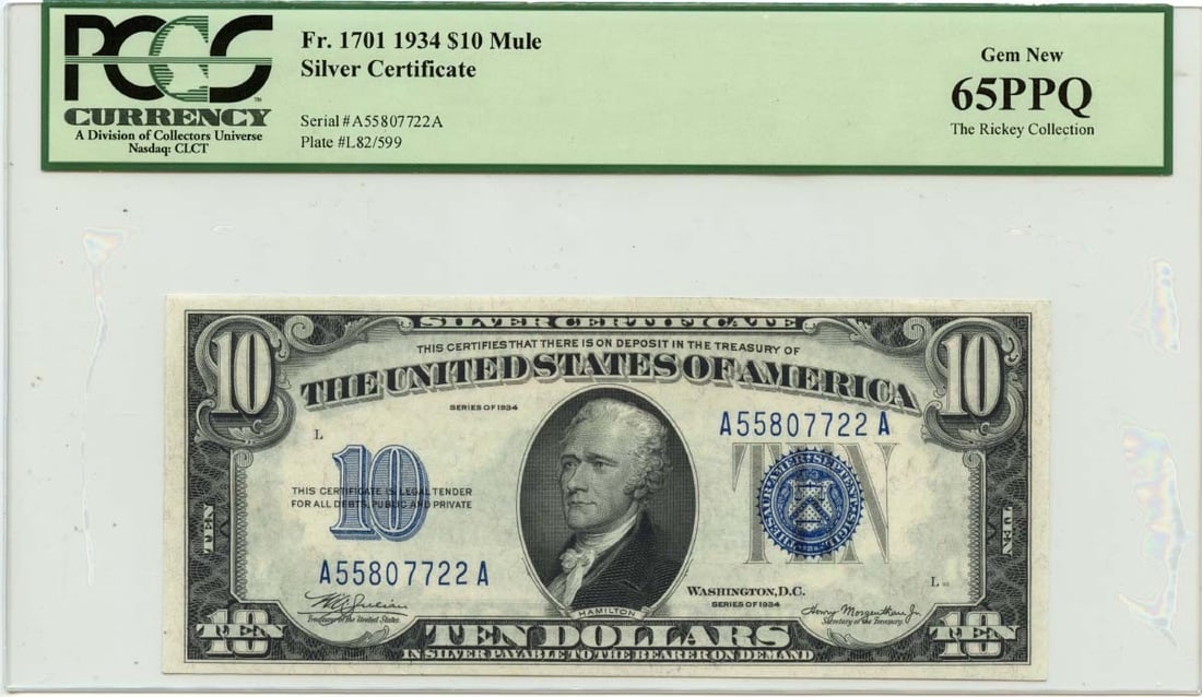 1934 $10 Silver Certificate Blue MULE Fr# 1701 PCGS GEM 65 EPQ (1 of 2)