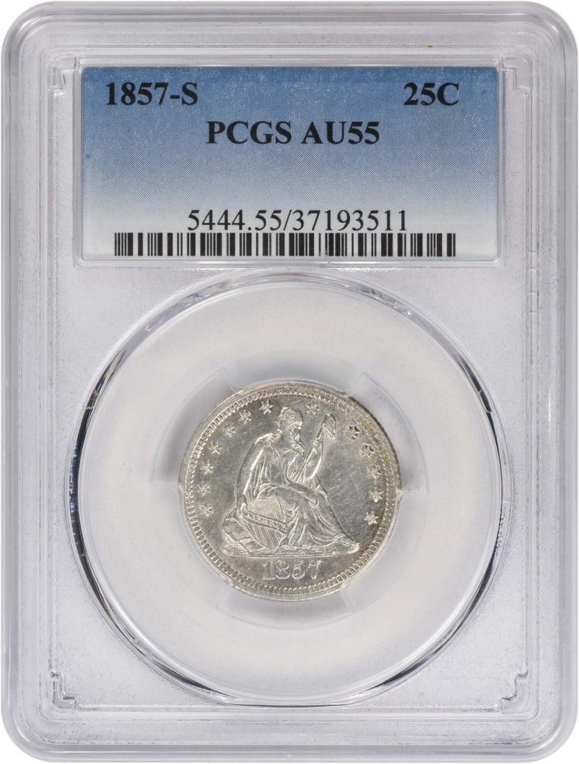 PCGS AU55 United States 1857 San Francisco Seated Liberty Silver Quarter: PCGS AU55 United States 1857 San Francisco Seated Liberty Silver Quarter This 1857-S Liberty Seated Silver Quarter is certified AU55 by PCGS. Minted in San Francisco, the coin features the classic Sea